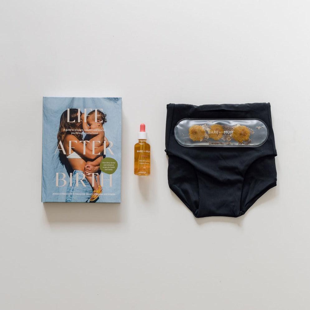 A box of c-section postpartum underwear, a book, and a bottle of water by biglittlegifting.