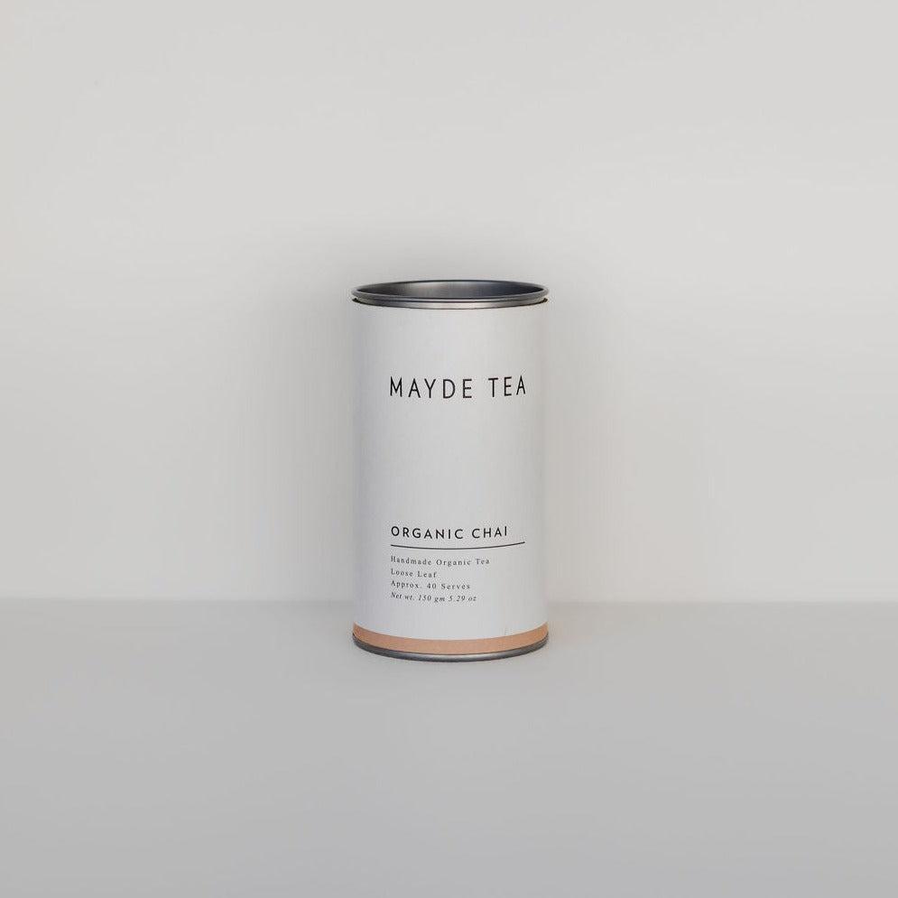 A can of Mayde Tea organic chai on a white surface.