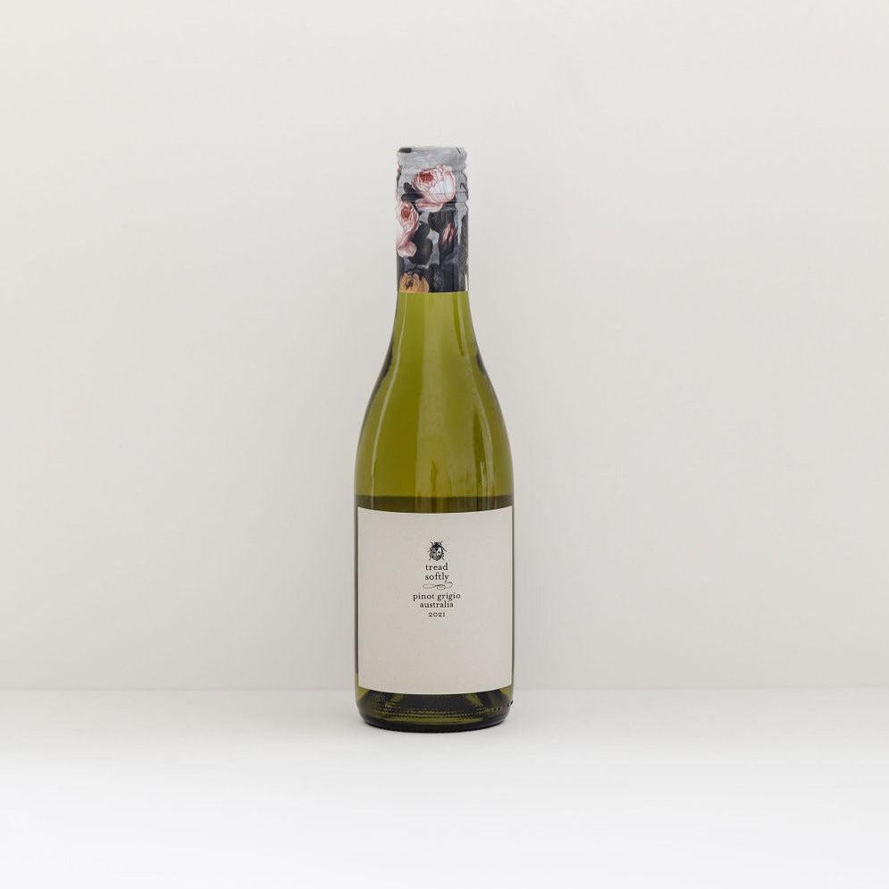 A bottle of Tread Softly Pinot Grigio 375ml on a sustainable background.