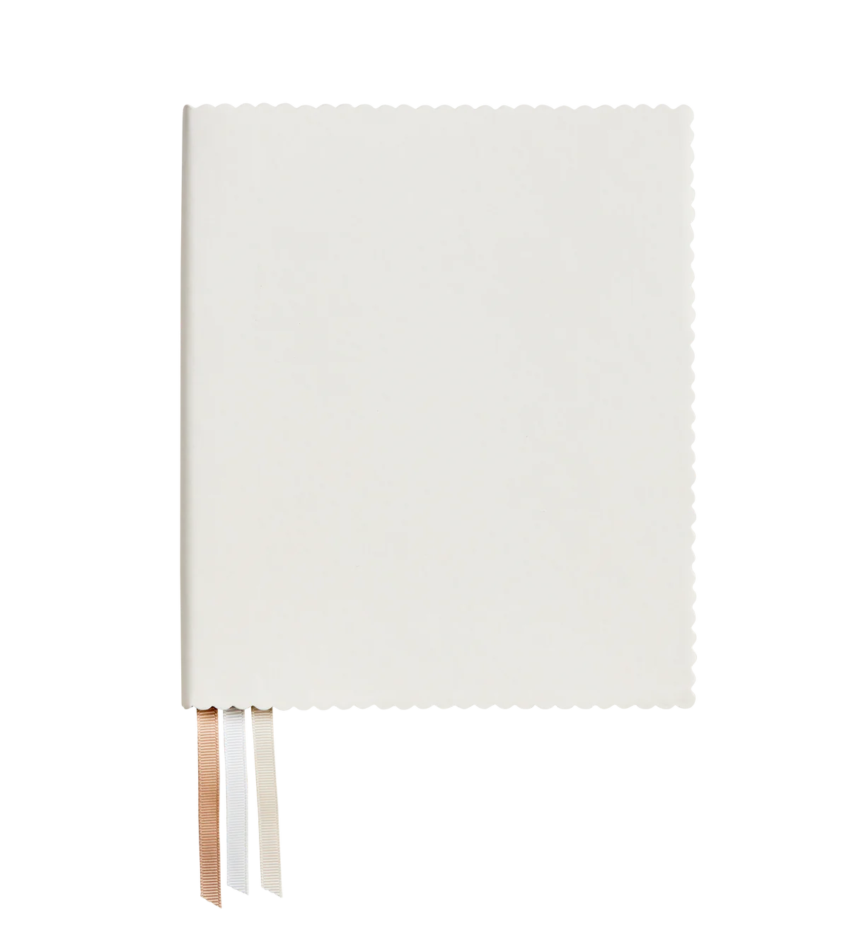 Introducing the Scallop Crema Journal by Emma Kate Co, a premium quality PU leather journal featuring a white hardcover, dot grid pages, and three attached ribbon bookmarks in cream, white, and silver.