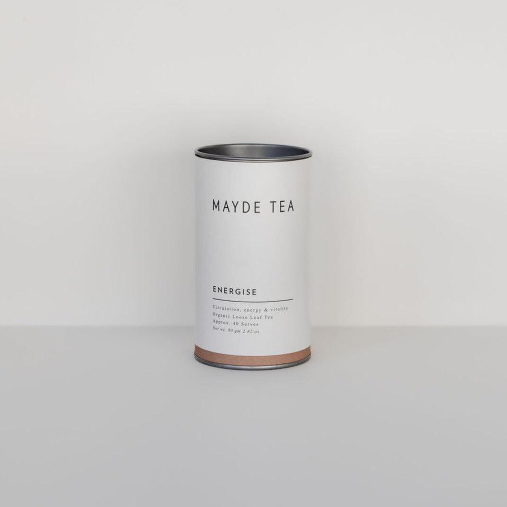 A tin of Mayde Tea's energise tea containing antioxidants.