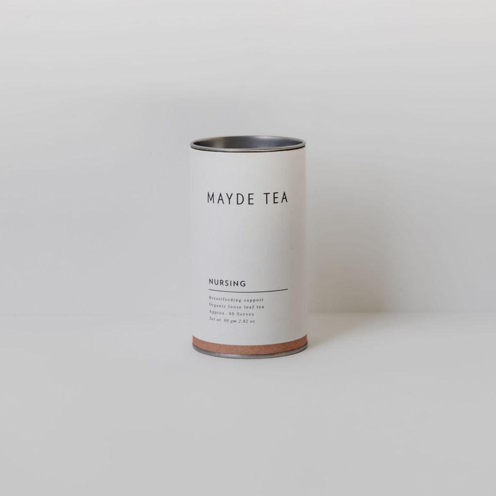 A tin of Mayde Tea Nursing on a white background.