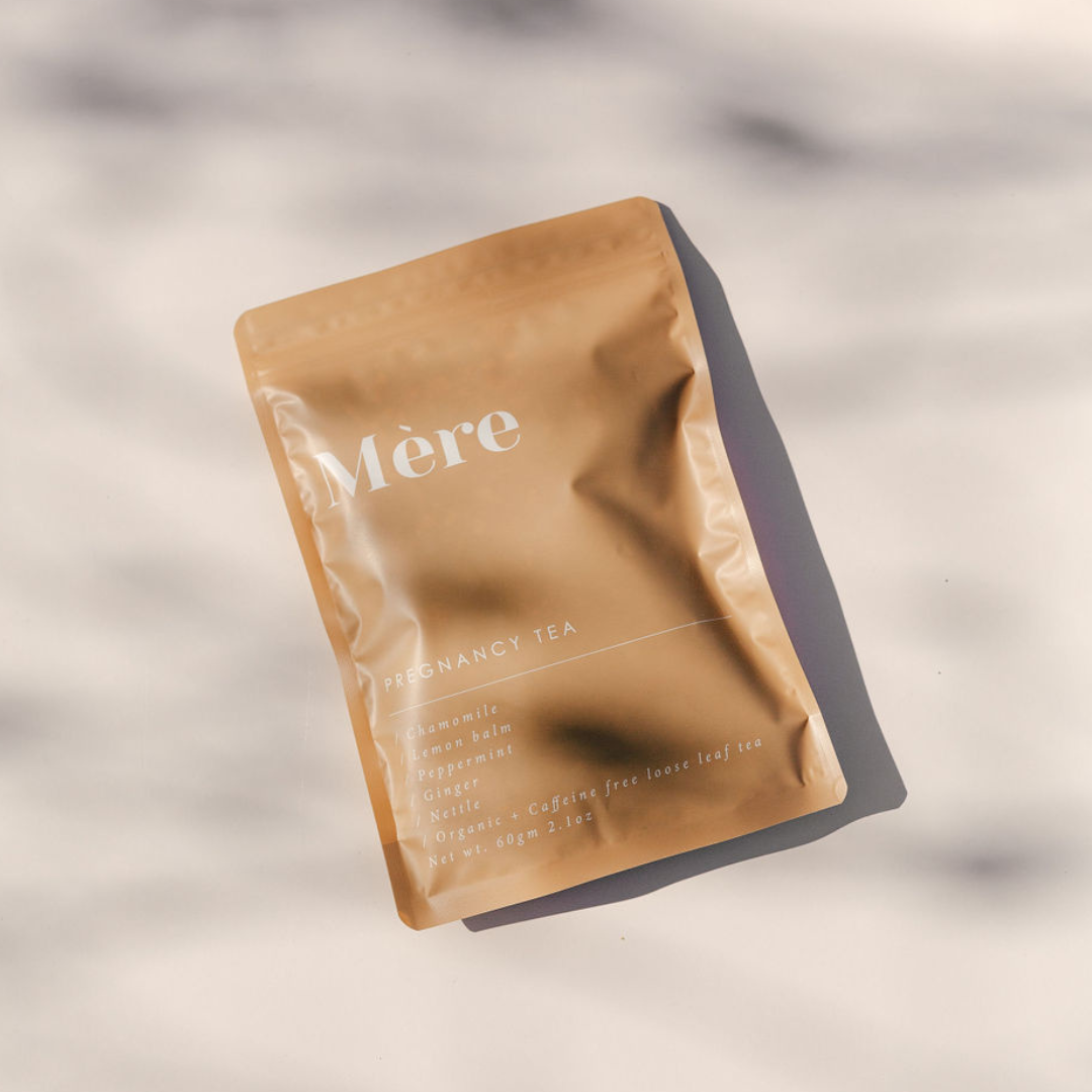 A bag of Mère Organic Pregnancy Tea with the word 'more' on it.