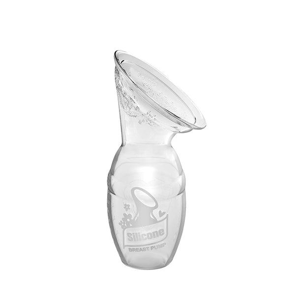 A Haakaa Silicone Breast Pump 100ml | Gen 1 clear glass bottle with a logo on it.